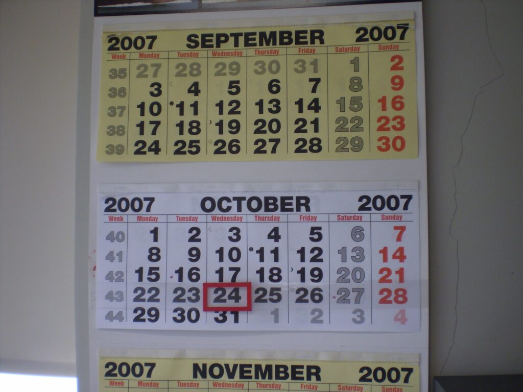 Calendario mensile appeso al muro con una penna e alcune caselle spuntate
